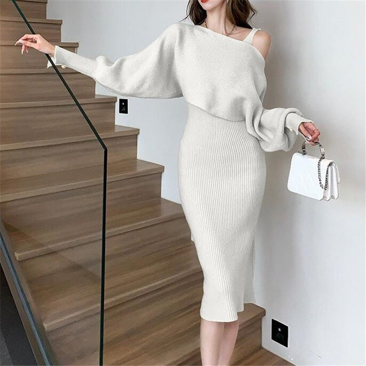 Damen Elegantes Strickkleid mit V-Ausschnitt und passendem Cardigan Echo Archiv