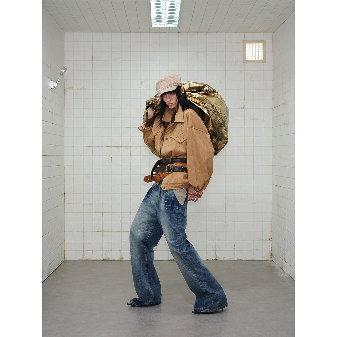Damen Kurz geschnittene Wildleder‑Optik Blousonjacke mit Western‑Yoke und Nietenapplikation Echoarchiv