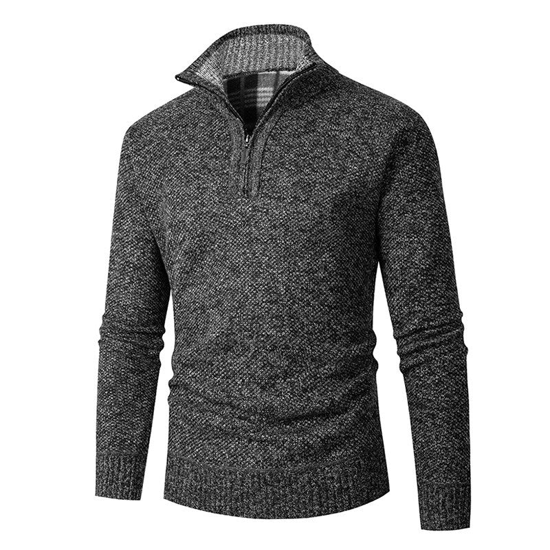 Herren nan grobgestrickter Halfzip-Pullover mit Stehkragen und karierter Krageninnenseite Echo Archiv
