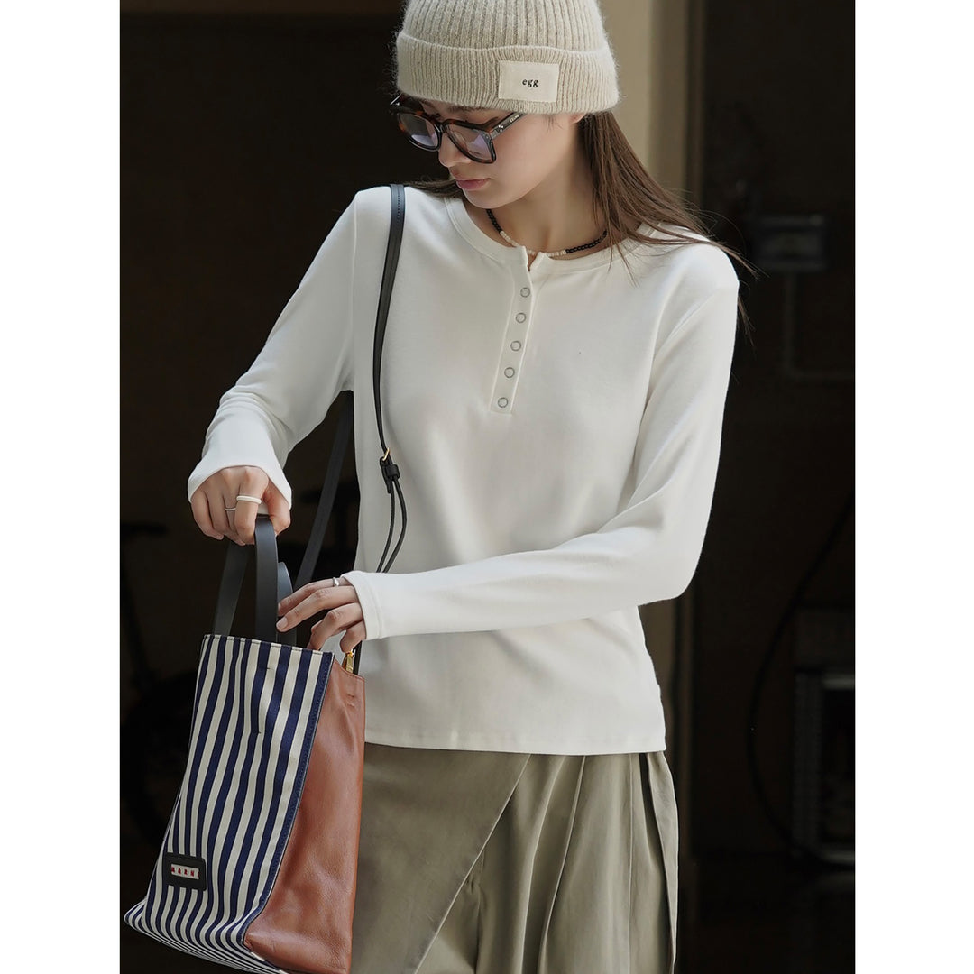 Damen Langärmeliges Henley-Shirt mit Druckknopfleiste Echoarchiv