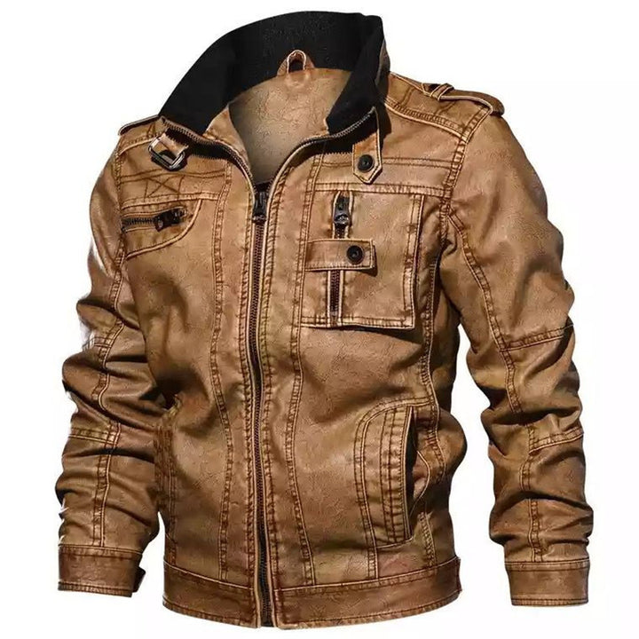 Herren Lässige Kunstleder-Bikerjacke mit Stehkragen, Reißverschluss-Front und Utility-Taschen Echoarchiv