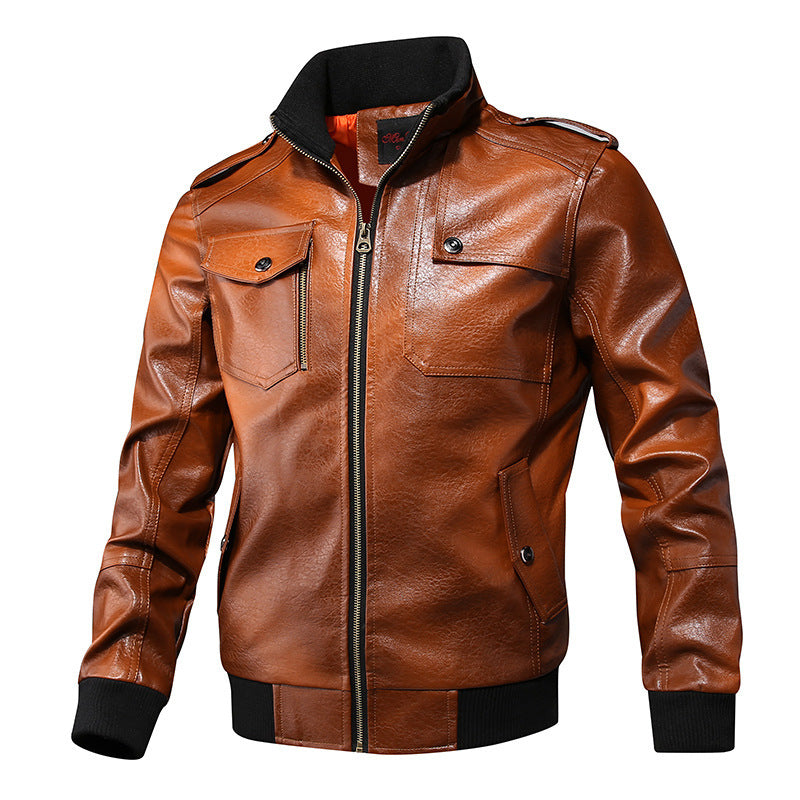 Herren Kunstleder-Flightjacke mit Brust- und Reißverschlusstaschen, Stehkragen und Rippbündchen – Taviero