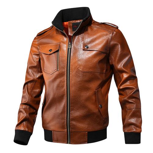 Herren Kunstleder-Flightjacke mit Brust- und Reißverschlusstaschen, Stehkragen und Rippbündchen – Taviero
