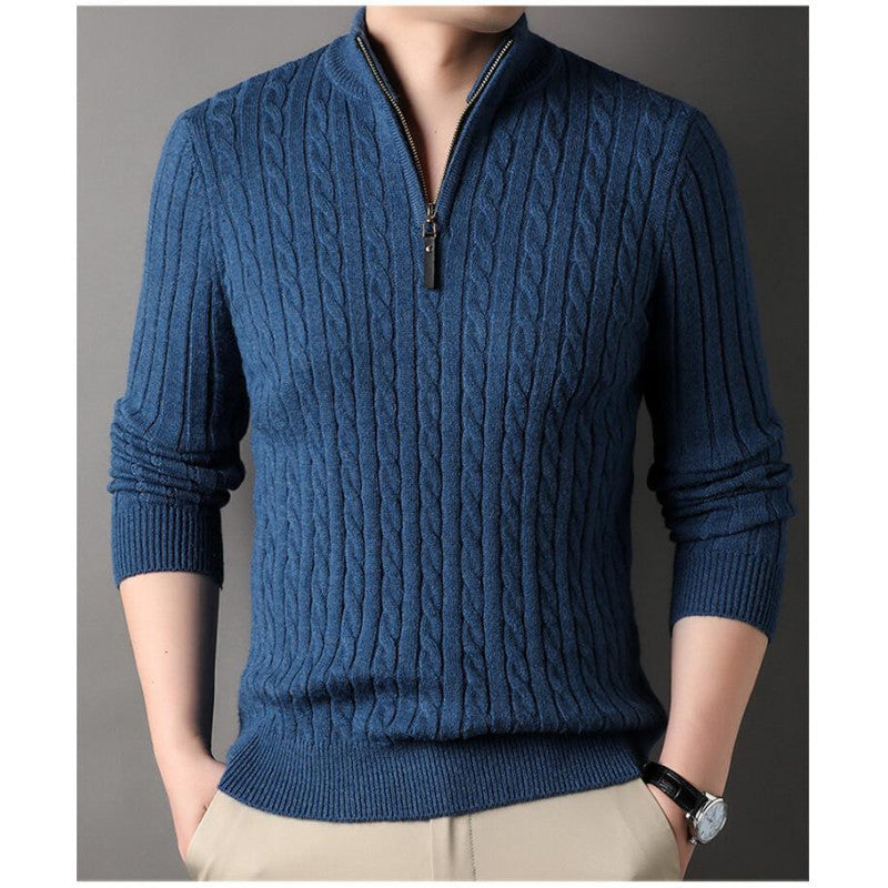 Herren eleganter Strickpullover mit halbem Reißverschluss und Kabelmuster Echoarchiv