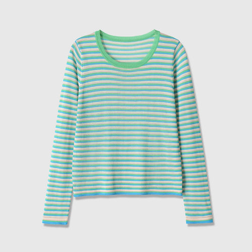 Damen Gestreiftes Feinstrick-Longsleeve mit Rundhalsausschnitt und Cropped-Boxy-Schnitt Echoarchiv