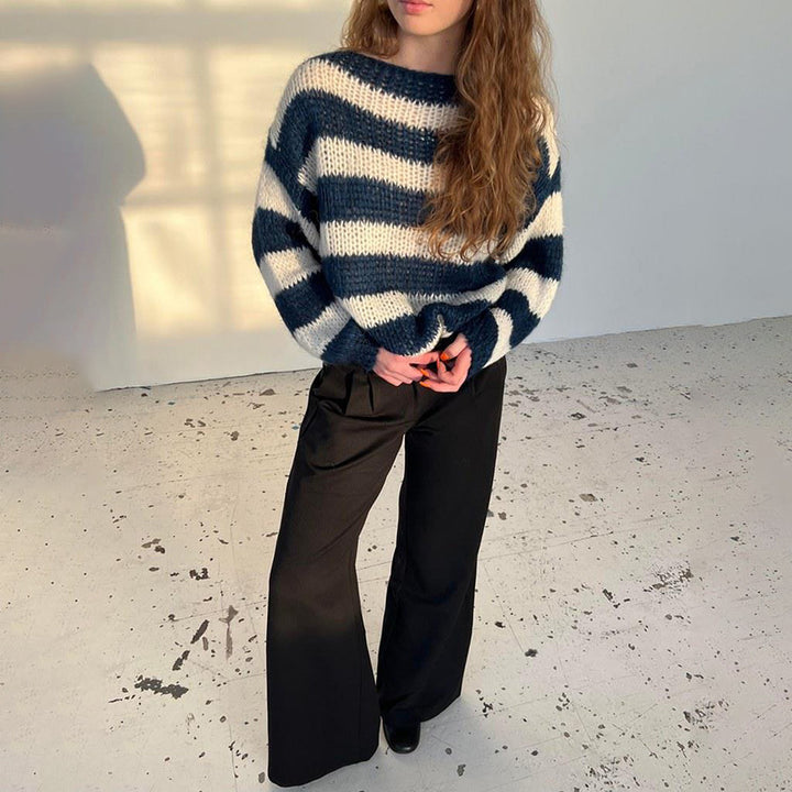 Damen Grobstrick-Pullover mit weitem Boot-Ausschnitt und Cropped-Passform Echoarchiv