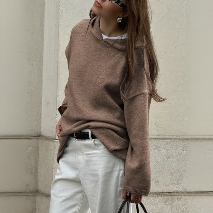 Damen Oversize-Polo-Feinstrickpullover mit umgelegtem Kragen und Raglanärmeln – Mavelle
