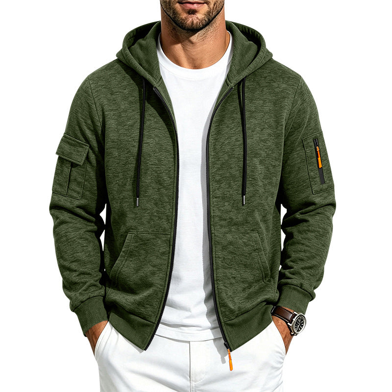 Herren Melierte Zip‑Hoodie‑Jacke mit Utility‑Ärmeltasche und Känguru‑Taschen Echoarchiv