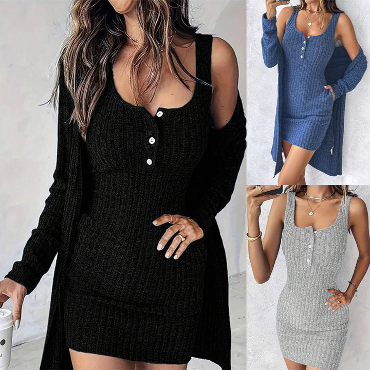 Damen Geripptes Twinset aus figurbetontem Träger-Strickkleid und Offenem Longcardigan – Mavelle