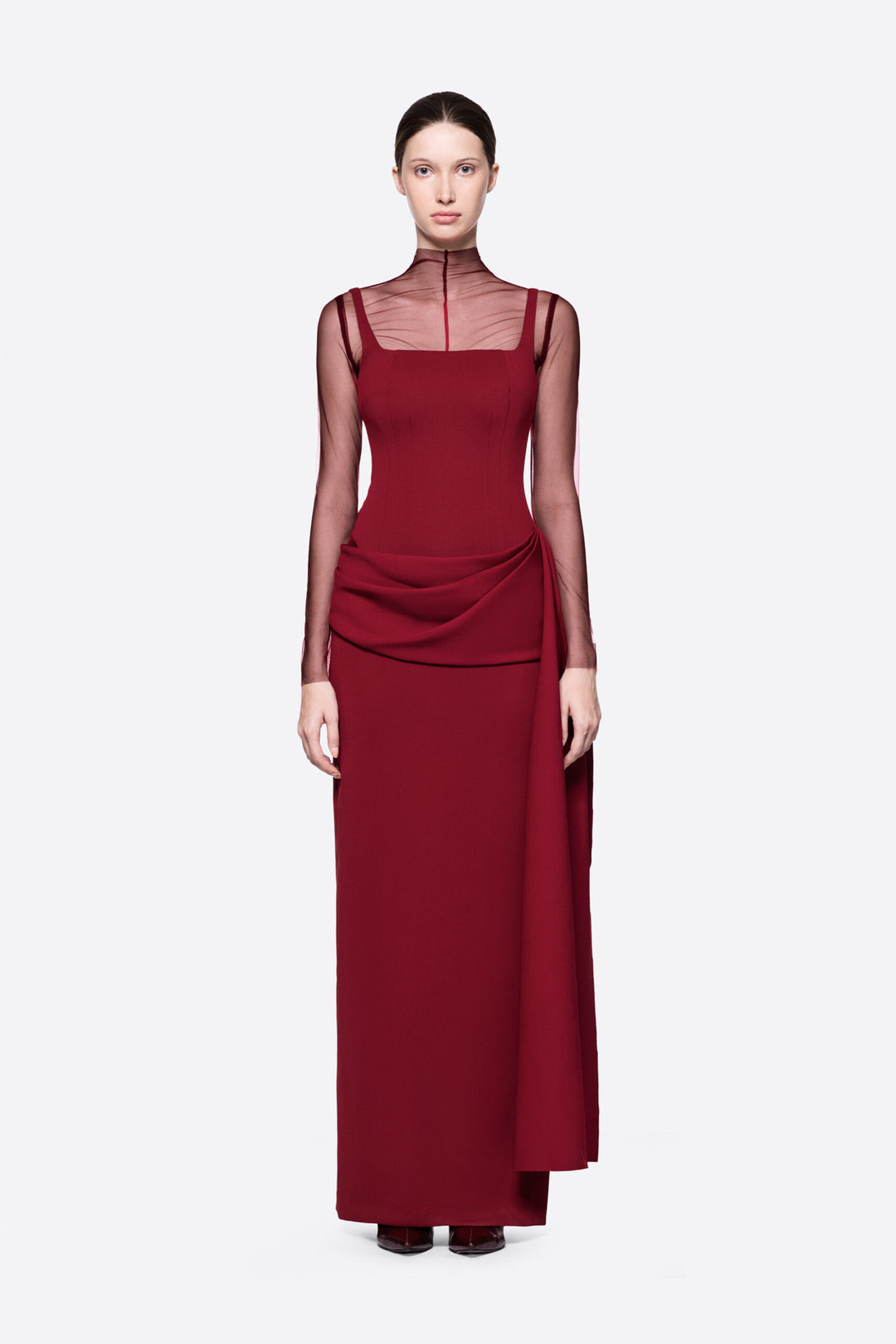 Damen Elegantes Maxikleid mit transparenten Ärmeln und drapiertem Rock Echo Archiv