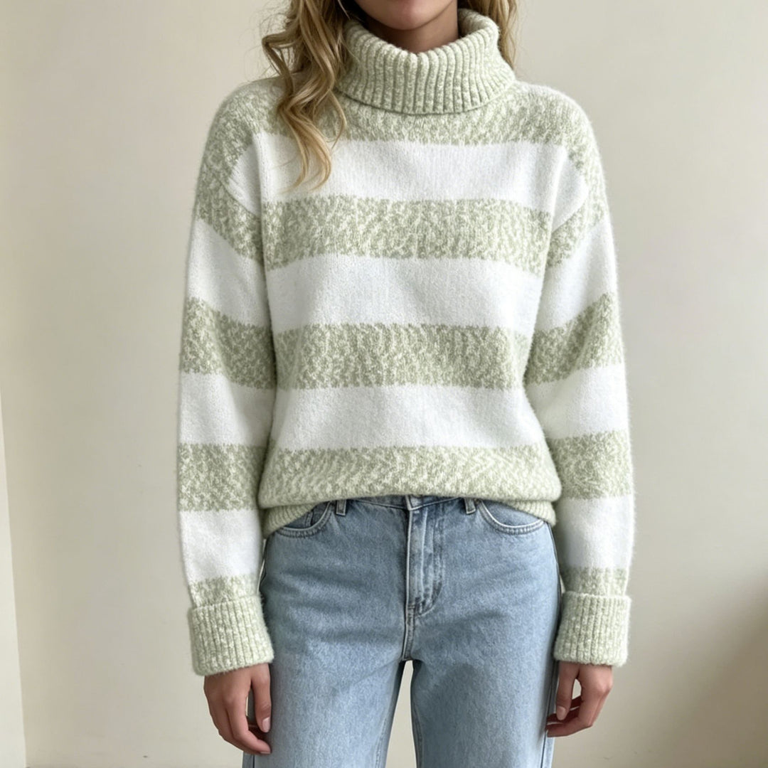 Damen Rollkragenpullover mit breiten Streifen und strukturiertem Bouclé-Strick – Mavelle