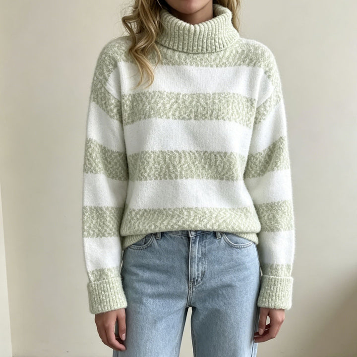 Damen Rollkragenpullover mit breiten Streifen und strukturiertem Bouclé-Strick – Mavelle