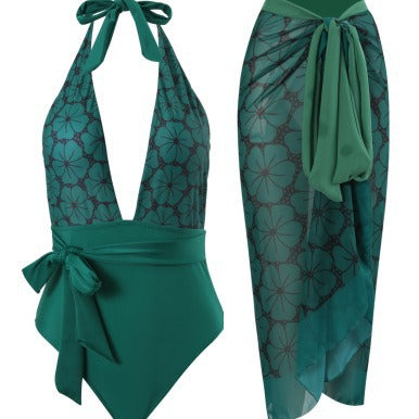 Damen eleganter Einteiler Badeanzug mit floralem Wickelrock Echo Archiv