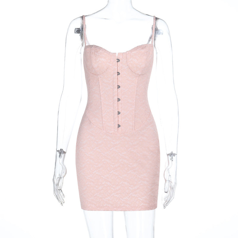 Damen minimalistisches Korsettkleid mit eleganter Knopfleiste und Spitzenakzenten Echo Archiv