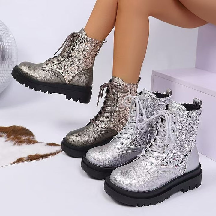 Damen glitzernde Schnür-Bikerboots mit robust profilierter Sohle und metallisch genarbter Oberfläche – Lioré