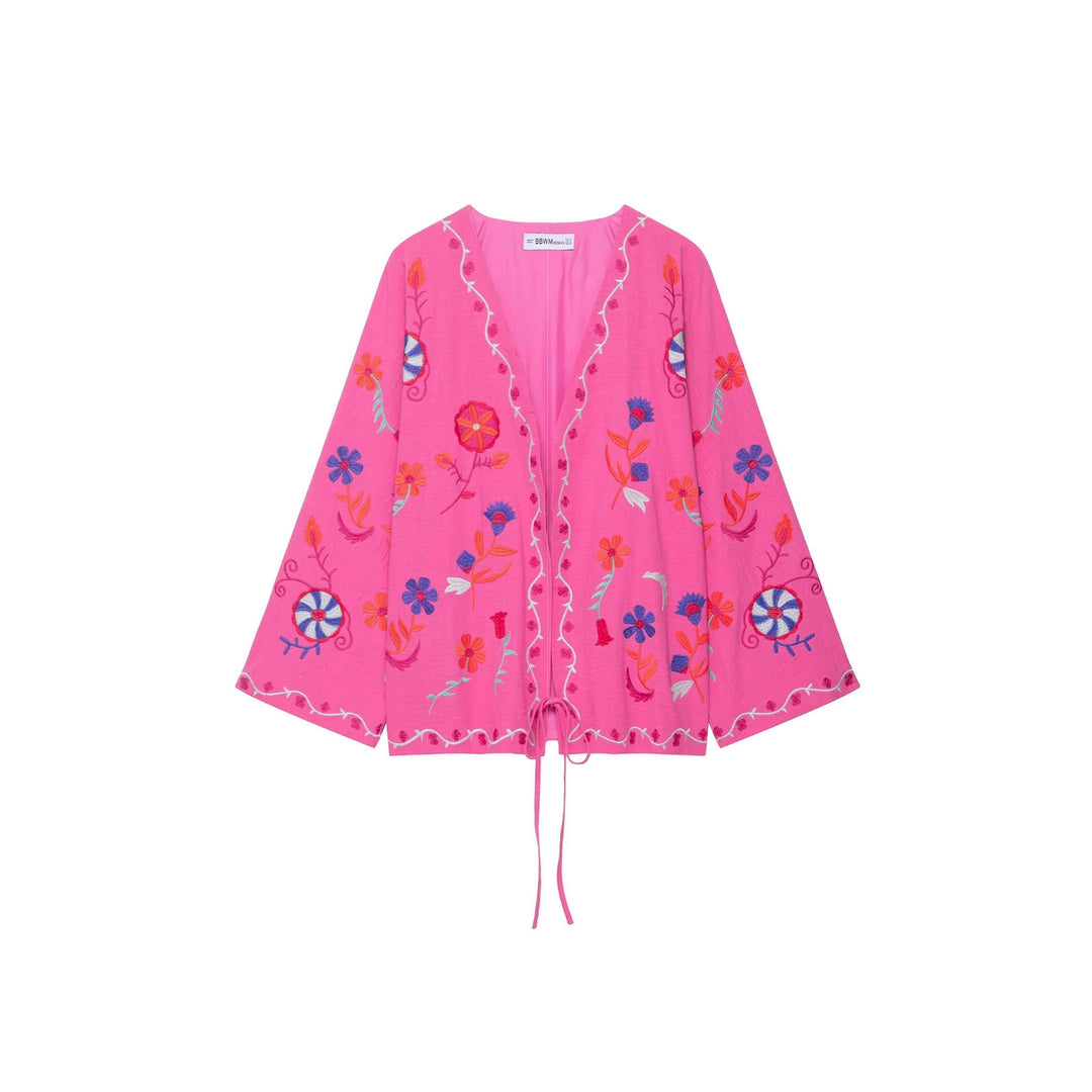 Damen Oversize Leichte Baumwoll-Cardiganjacke mit farbenfroher Blumenstickerei Echoarchiv
