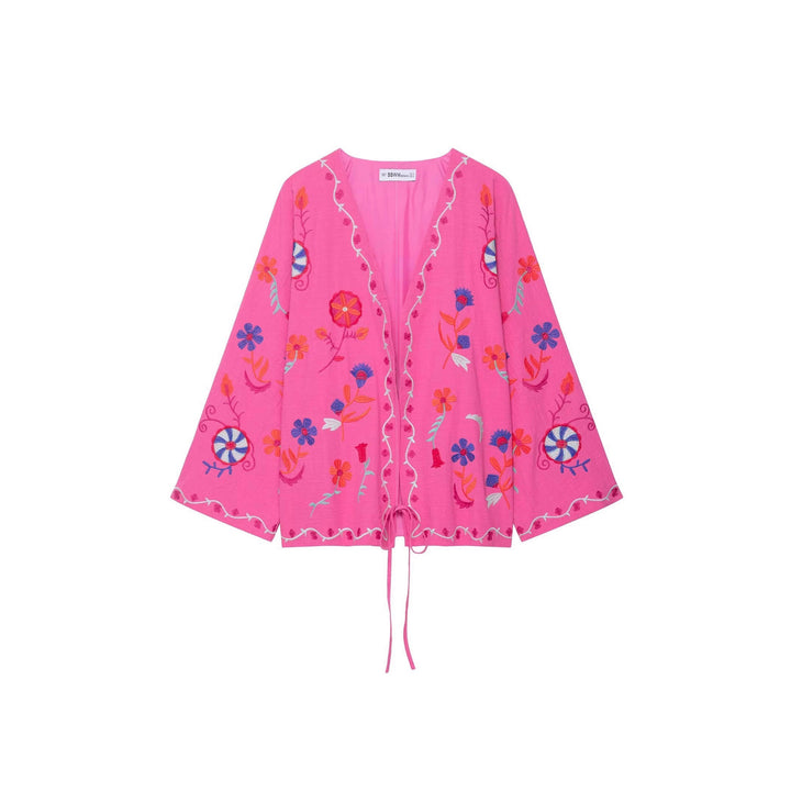 Damen Oversize Leichte Baumwoll-Cardiganjacke mit farbenfroher Blumenstickerei Echoarchiv