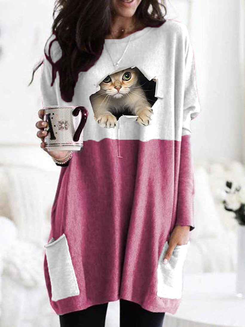 Frauen Längerer Colorblock Strickpullover mit Katzenmotiv und aufgesetzten Taschen Echoarchiv