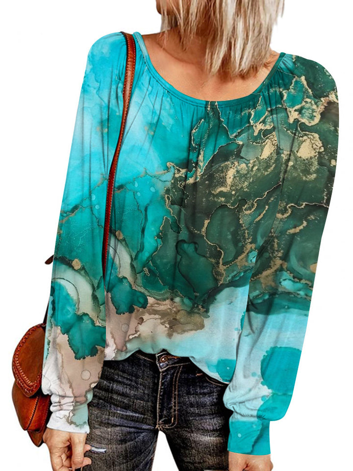 Damen Ethno-Print Oversize-Tunika mit Rundhalsausschnitt und langen Ballonärmeln – Avérine