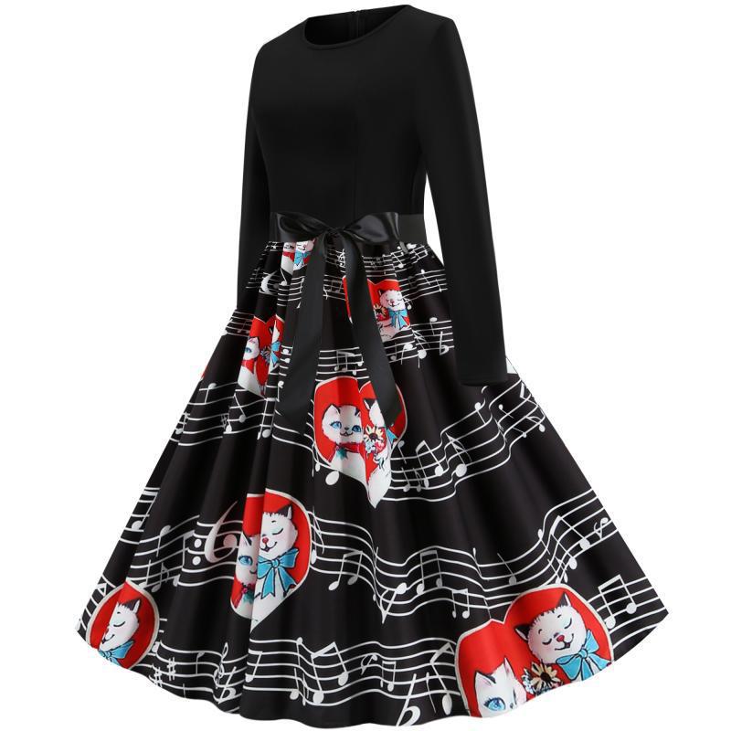 Damen Retro Swing-Kleid im Vintage-Stil mit A-Linie, langärmlig und Taillenschleife – Élara
