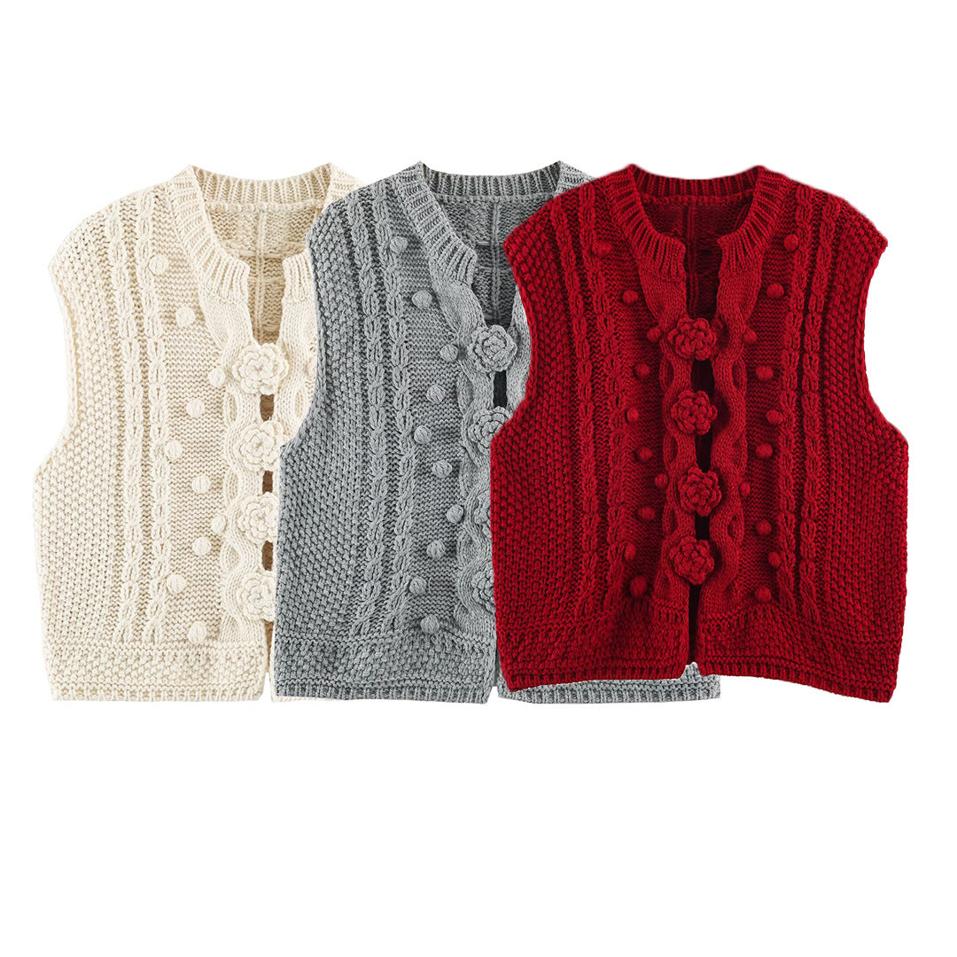 Damen Strickweste mit Zopfmuster, Blumenapplikationen und Noppenstruktur Echoarchiv