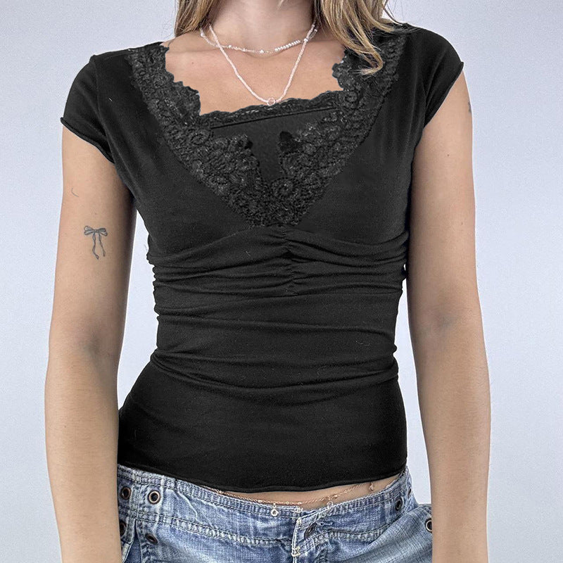 Damen elegantes Spitzenoberteil mit ruched Design und V-Ausschnitt Echo Archiv