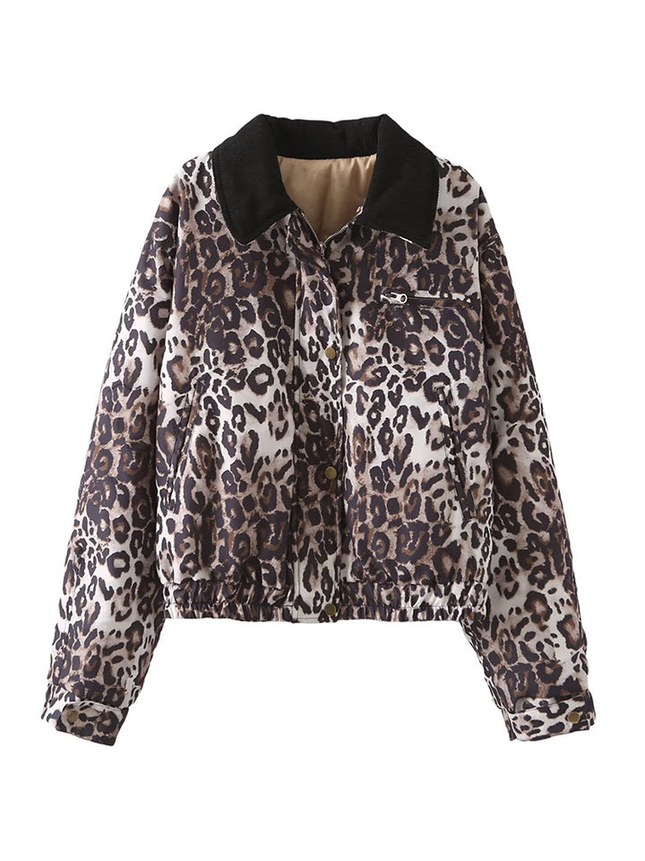 Damen Kurze Stepp-Blousonjacke im Leopardenmuster mit Cordkragen Echoarchiv