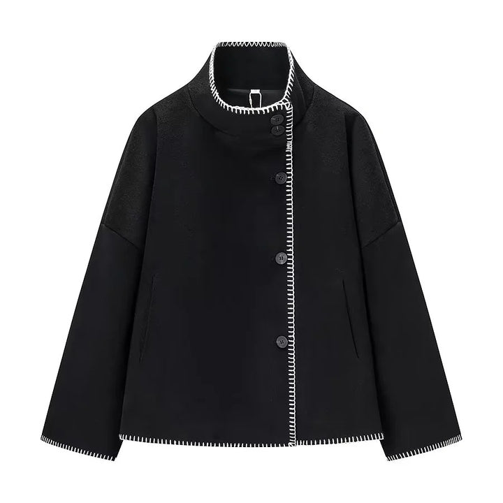 Damen kastiger Kurzmantel mit Stehkragen kontrastierender Ziernaht und Eingrifftaschen – Célinea