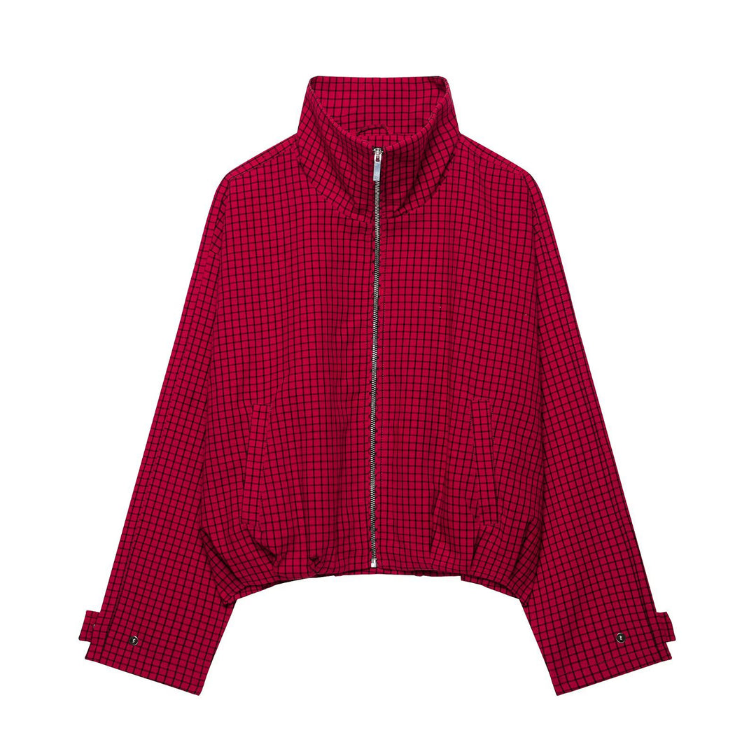 Damen Kurze karierte Zip‑Jacke im Boxy‑Cropped‑Schnitt mit Stehkragen Echoarchiv