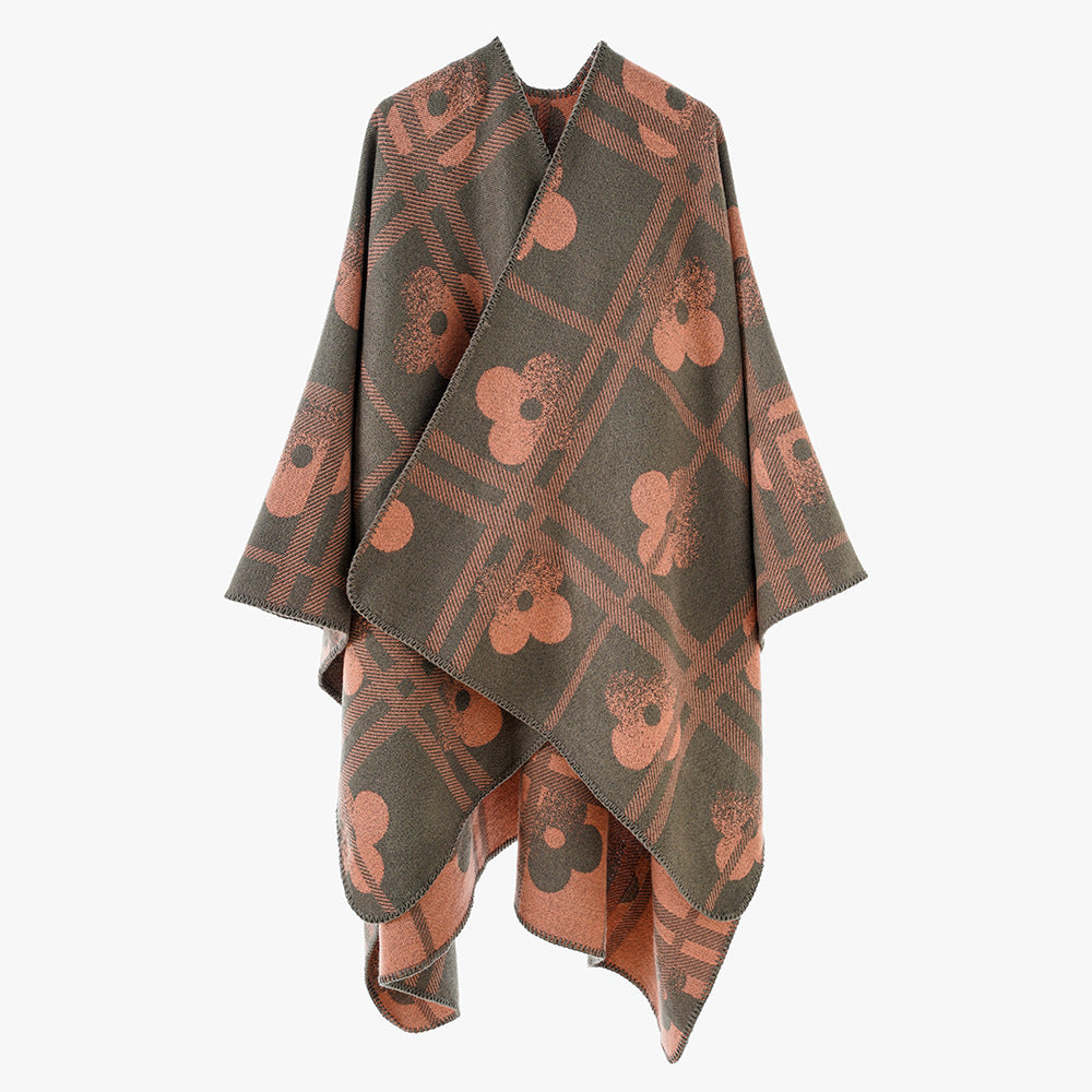 Damen Grobgewebter Deckenponcho im Ruana‑Schnitt mit floraler Karo‑Jacquard – Avérine