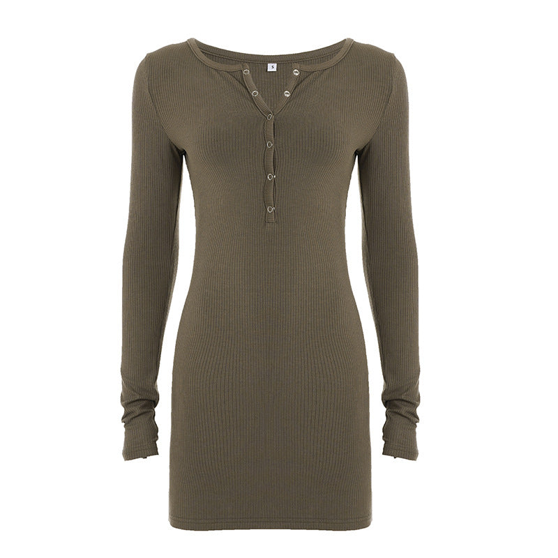 Damen nan figurbetontes Ripp-Strickkleid mit Henley-Knopfleiste und langem Arm Echo Archiv