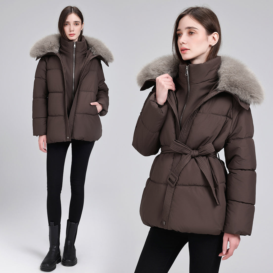Damen Taillierter Pufferparka mit Wickelgürtel, hohem Stehkragen und voluminösem Fellkragen Echo Archiv
