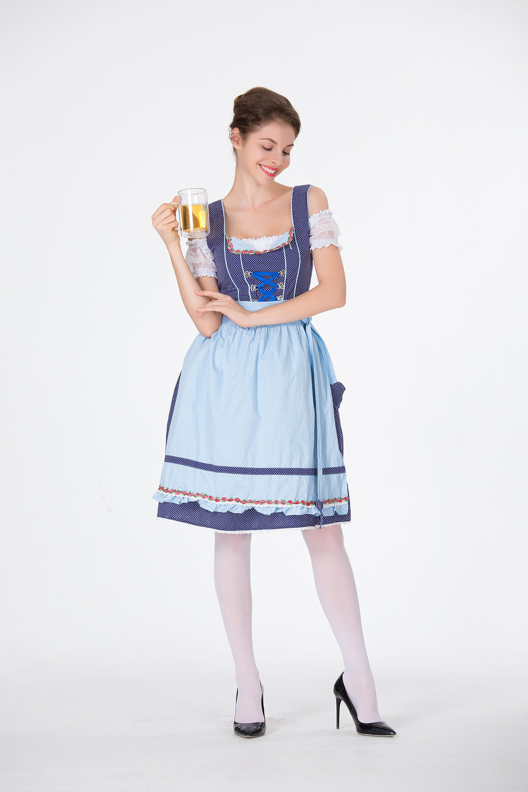 Damen nan klassisches Trachten-Dirndl mit gepunktetem Mieder, geschnürter Korsage und abnehmbarer Rüschen-Schürze Echo Archiv