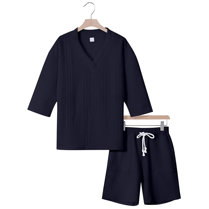 Unisex nan lässiges Lounge-Set mit V-Ausschnitt-Oberteil und Kordelbund-Shorts Echo Archiv