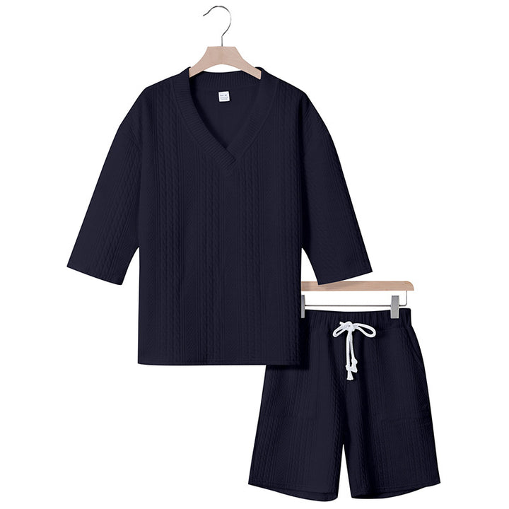 Unisex nan lässiges Lounge-Set mit V-Ausschnitt-Oberteil und Kordelbund-Shorts Echo Archiv