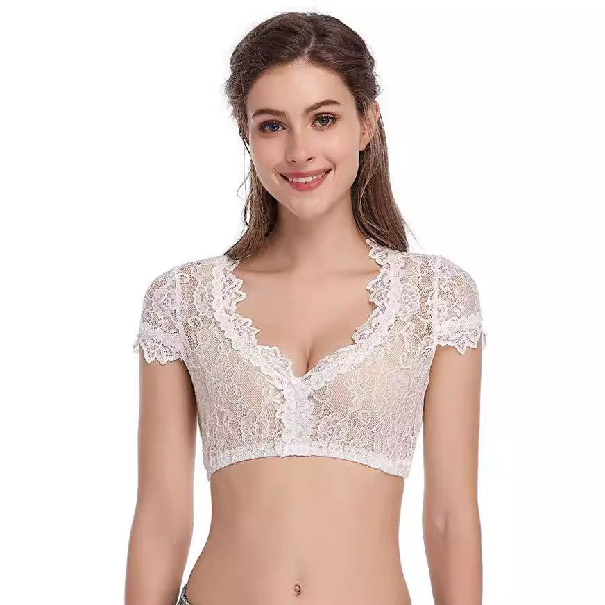 Damen  kurze transparente Spitzenbluse mit V-Ausschnitt und zierlichen Ärmelabschlüssen Echo Archiv