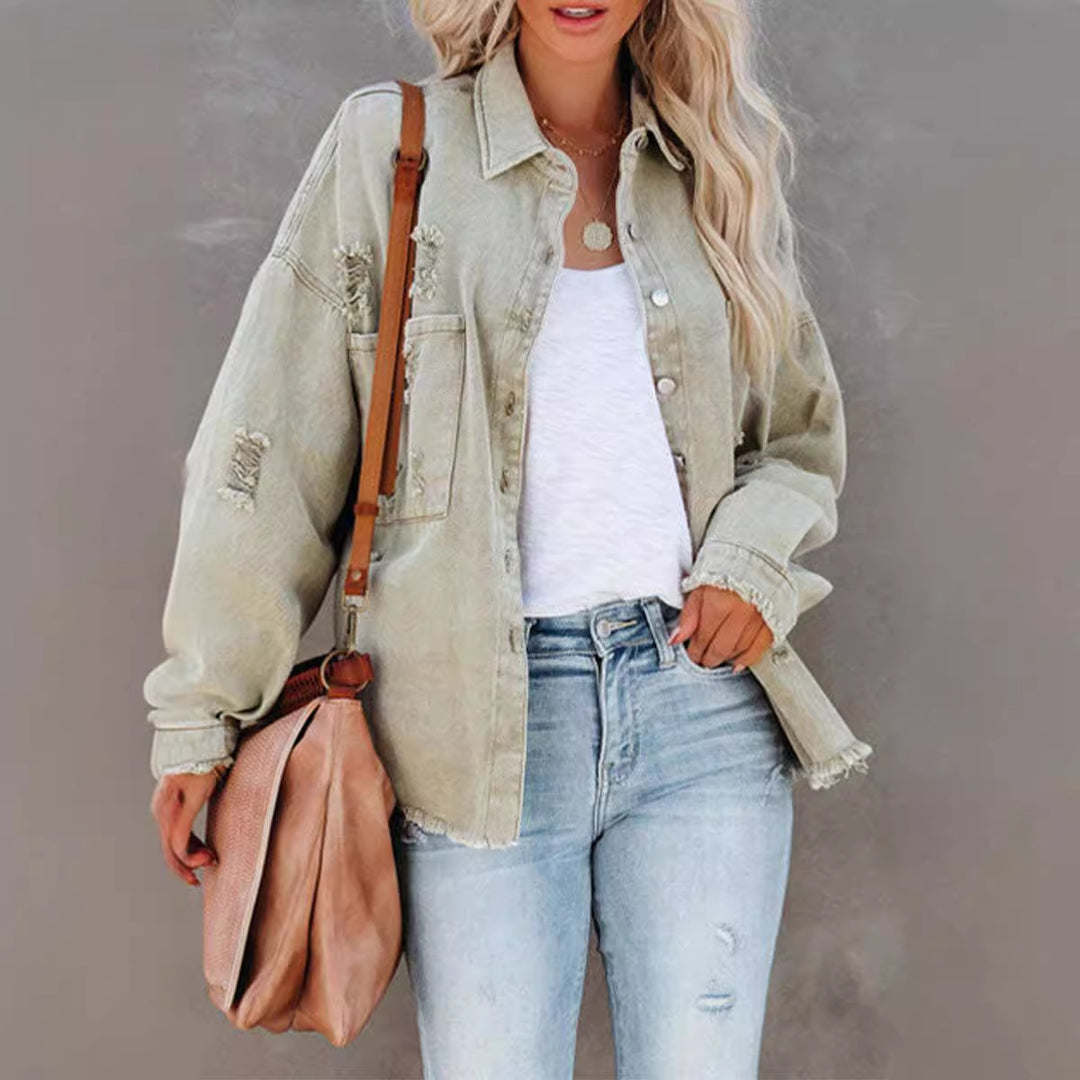 Damen nan oversized Jeansjacke mit Fransen, distressed Details und Druckknöpfen Echo Archiv