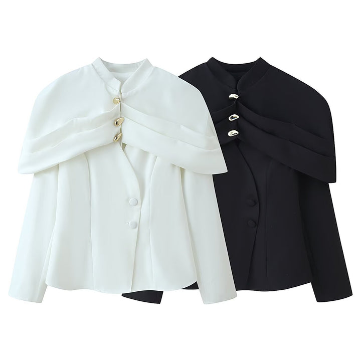 Damen Kurzer Taillierter Blazer mit Cape-Überwurf und Stehkragen Echoarchiv