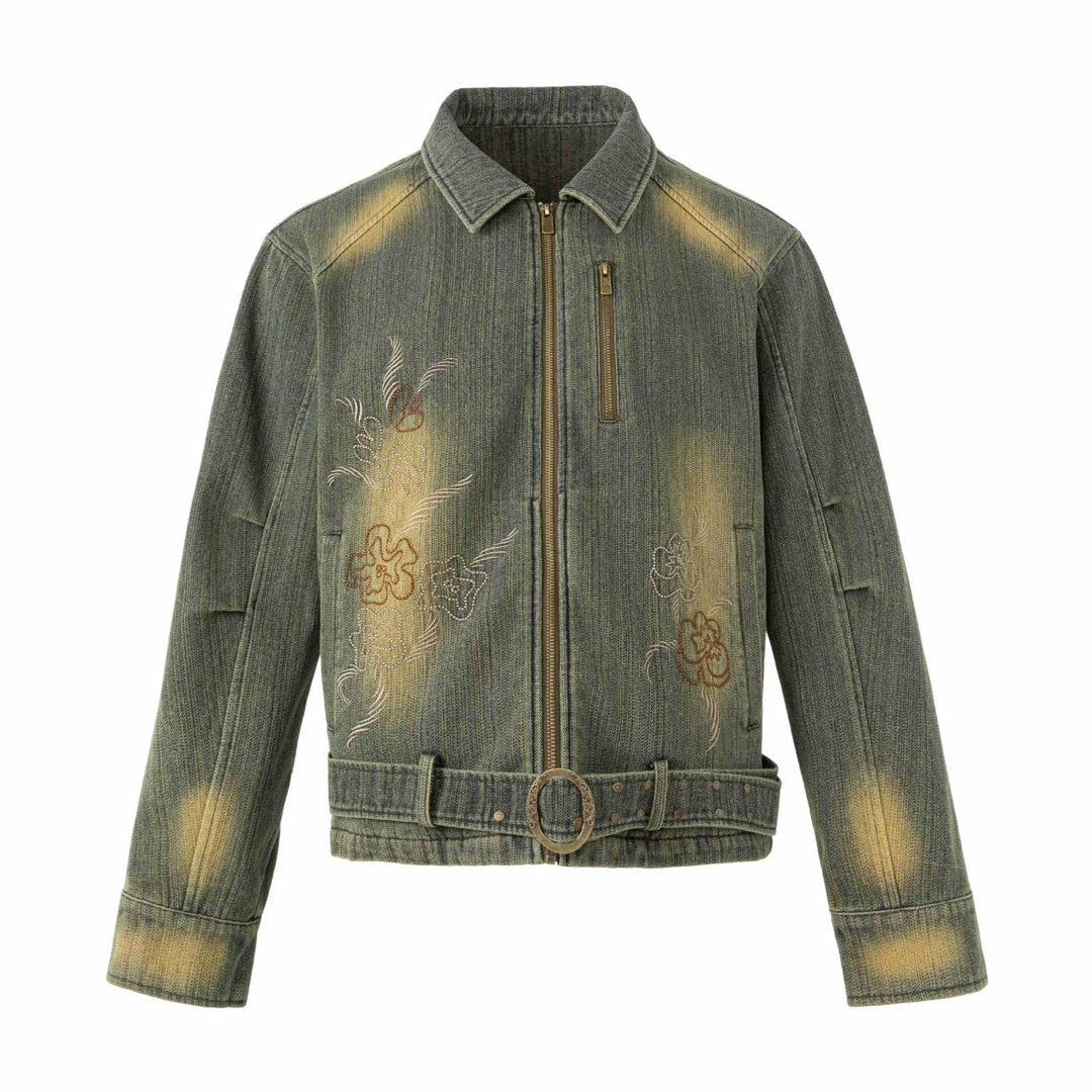 Damen Bestickte kurze Denim-Blousonjacke mit Taillengürtel und Reißverschluss Echoarchiv