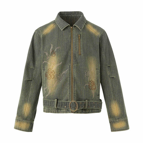 Damen Bestickte kurze Denim-Blousonjacke mit Taillengürtel und Reißverschluss Echoarchiv
