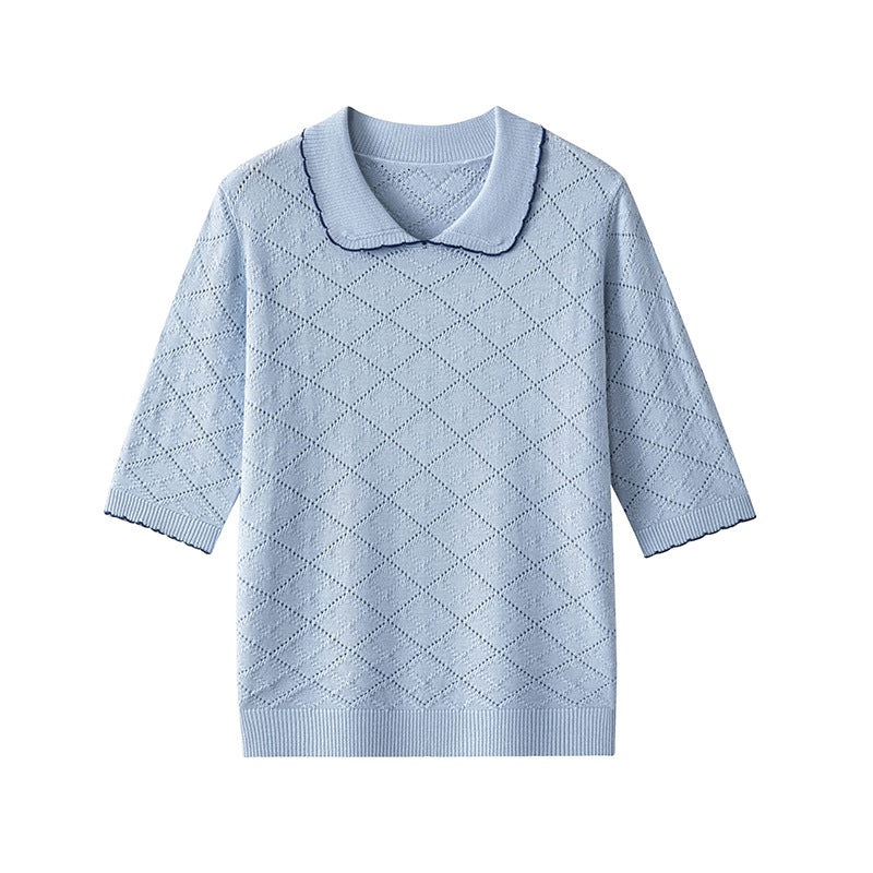 Damen Kurzarm-Feinstrickpullover mit Peter-Pan-Kragen, Ajour-Diamantmuster und feiner Kontrastkante Echo Archiv