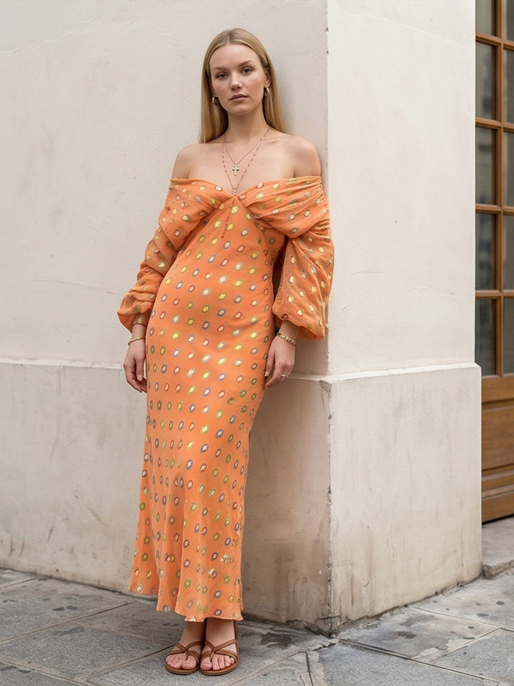 Damen Elegantes Off-Shoulder Maxikleid mit gedrehtem Vorderteil und Ballonärmeln Echoarchiv