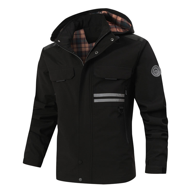 Herren Wasserdichte Fieldjacke mit Kapuze, reflektierenden Streifen und kariertem Innenfutter Echoarchiv