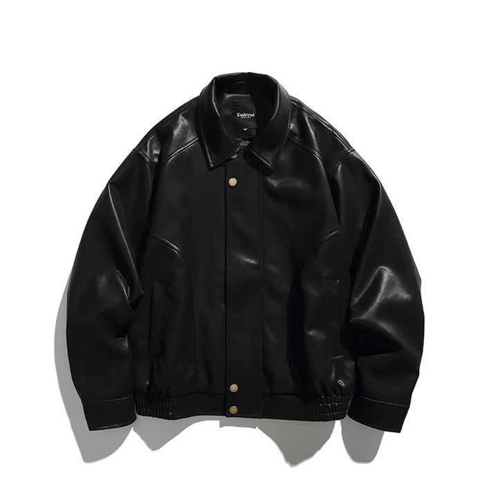 Herren Boxy-Lederimitat-Bomberjacke mit verdeckter Druckknopfleiste, elastischem Saum und aufgesetzten Eingrifftaschen Echo Archiv