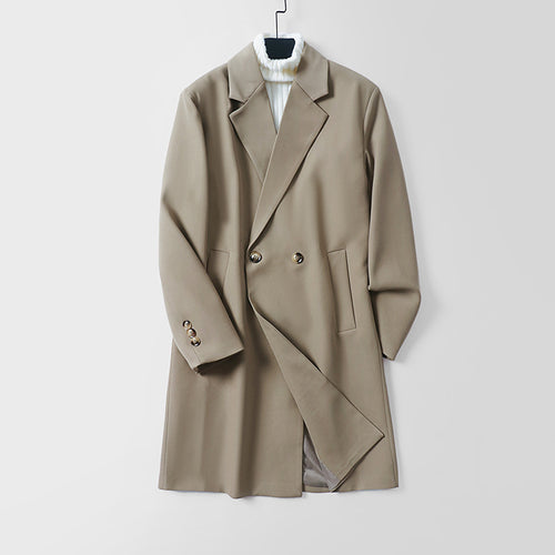 Herren Longline-Mantel im minimalistischen Schnitt mit Schalkragen und zweireihiger Knopfleiste Echoarchiv