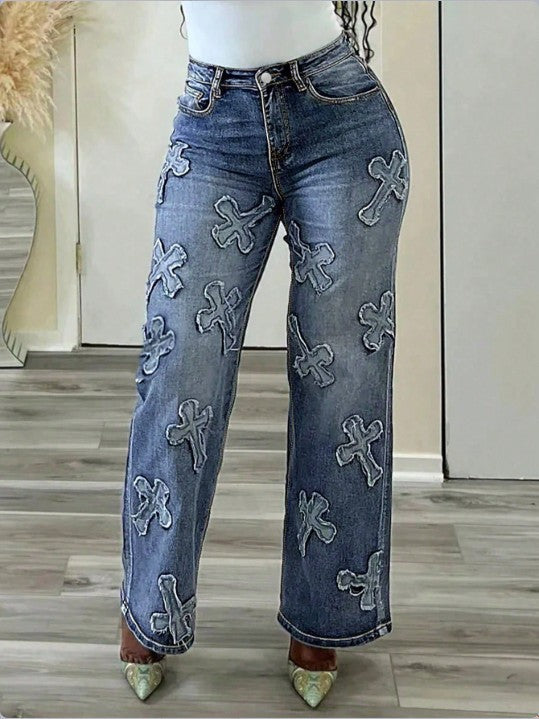 Damen Hochtaillierte Straight‑Leg‑Jeans mit Fransen‑Kreuz‑Applikationen Echo Archiv