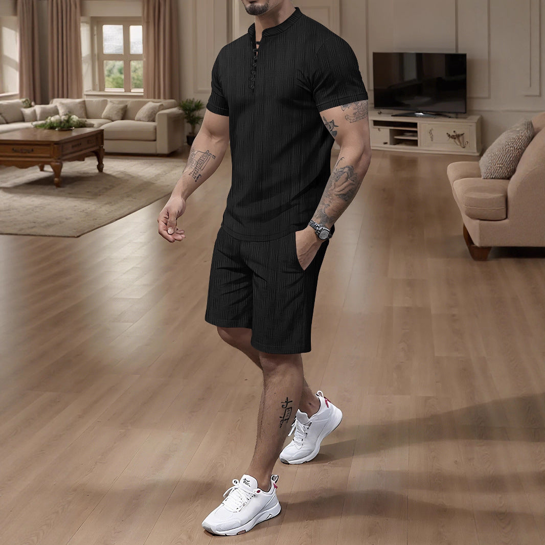 Herren modernes Kurzarm Jumpsuit mit aufgeknöpftem Stehkragen und strukturiertem Design Echoarchiv
