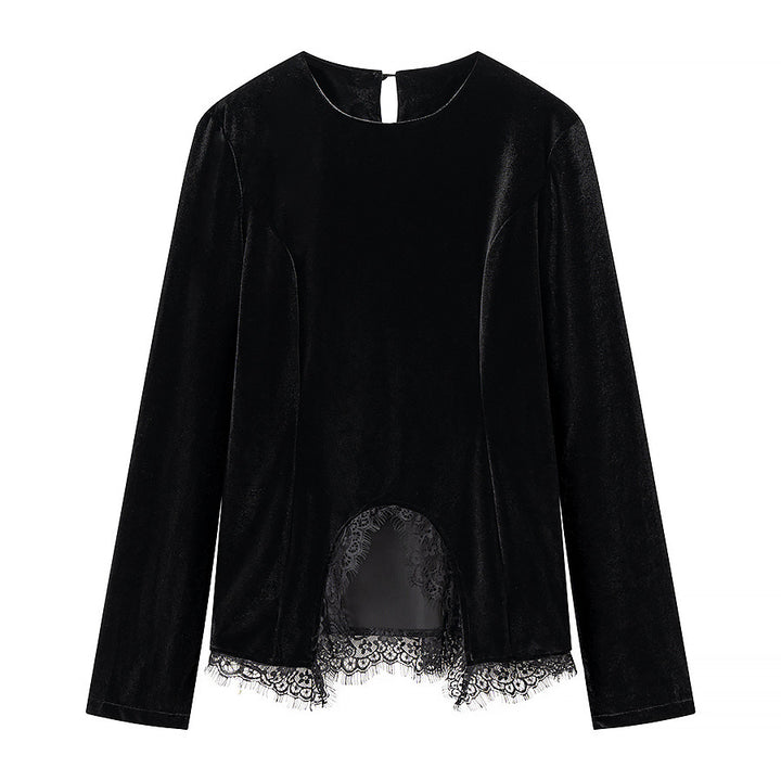Damen Samt-Langarmshirt mit Spitzenbesatz und gewölbtem Saum Echo Archiv