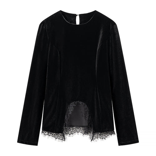 Damen Samt-Langarmshirt mit Spitzenbesatz und gewölbtem Saum Echo Archiv