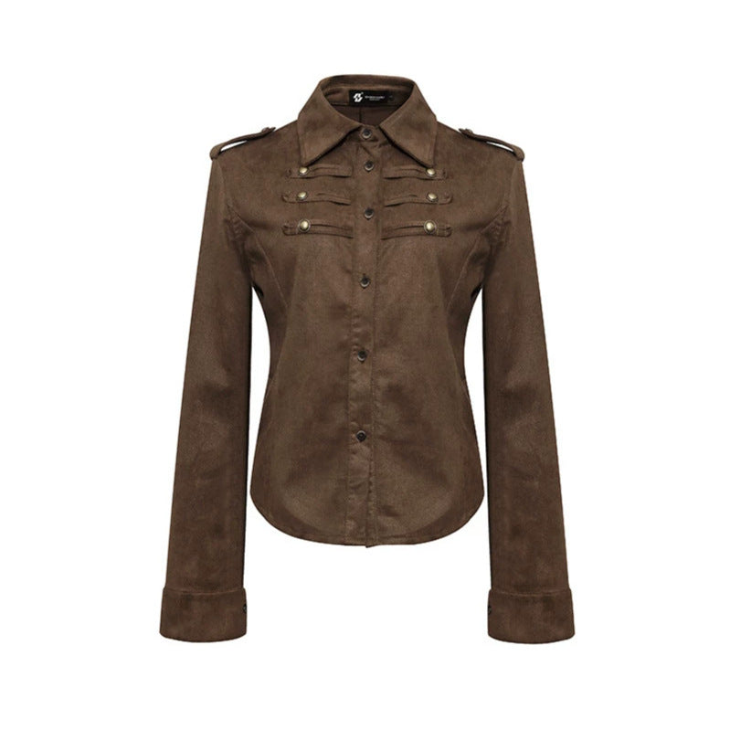 Damen Militärische Velours‑Optik Jacke mit Schulterklappen und Zierriegeln Echoarchiv